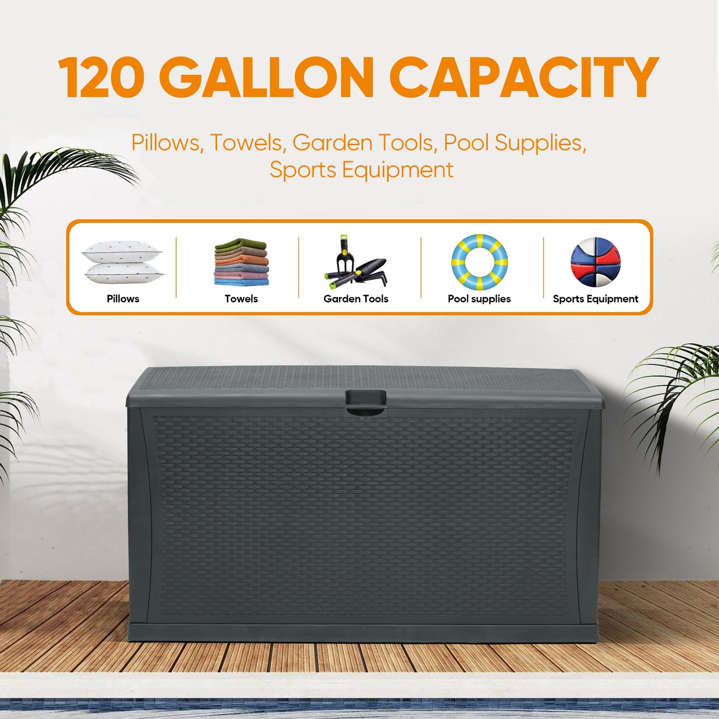 ZYJOYY 100 Gallon Resin Deck Box Waterproof Outdoor Storage Box and Patio Furniture Side Table for Pool Accessories, Gardening Tools, Outdoor Indoor Cushions, Lockable, UV Resistant