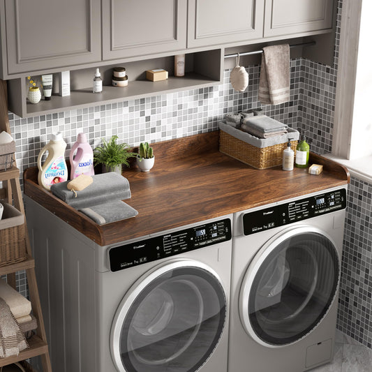DTK Washer Dryer Countertop, Wood Topper with Edge Rails, Washer and Dryer Countertop with Anti-Slip Strips, 54" Width x 27.5" Depth Cover for Laundry Room Organization and Storage, Walnut