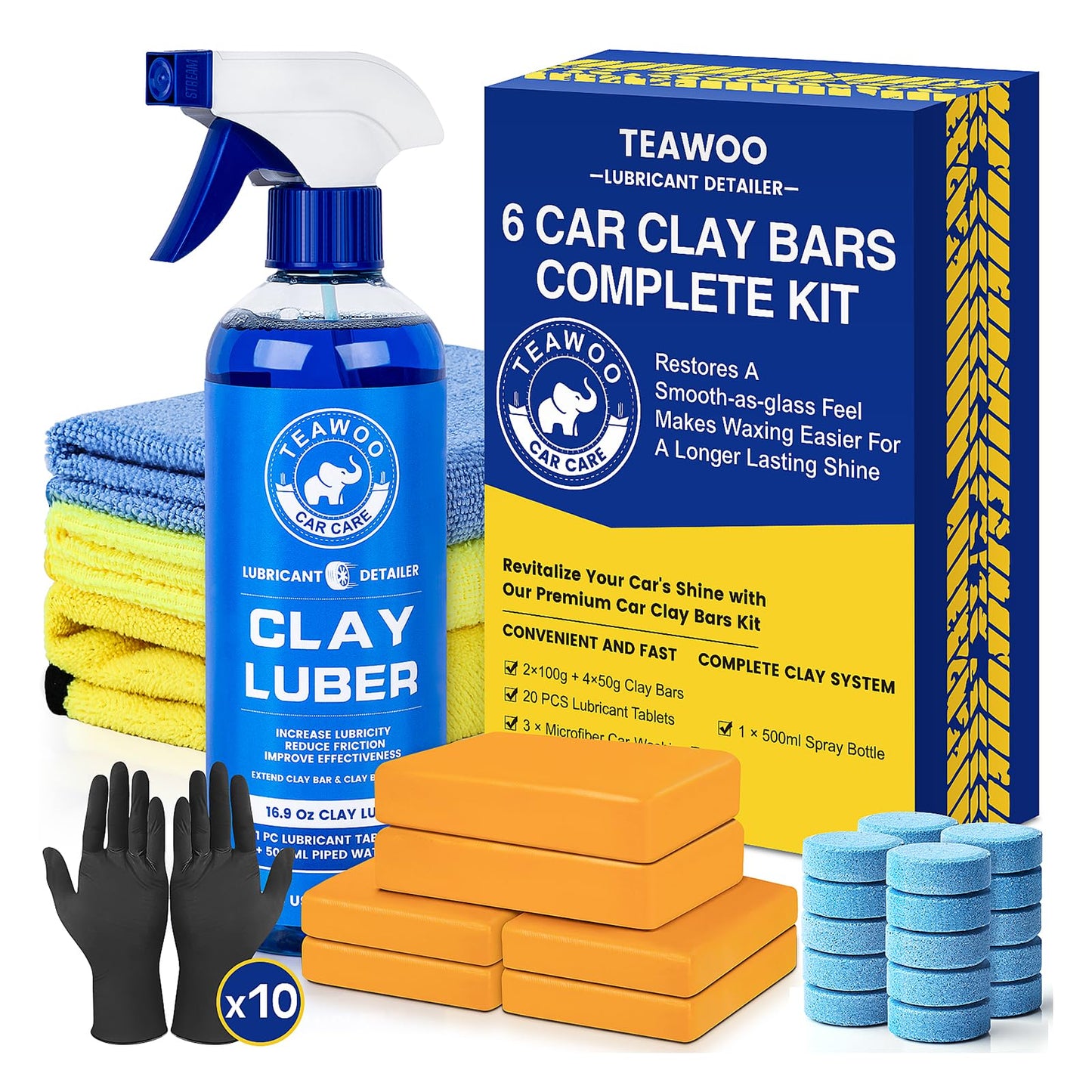 TEAWOO Clay Bars Kit, 6 Clay Bars & 20 PCS Lubricant Tablets, Complete Car Detailing Kit, Spray Bottle, Disposable Gloves and Microfiber Towels for Car Detailing Cleaning