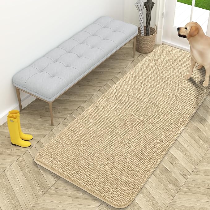 OLANLY Dog Door Mat for Muddy Paws 59x24, Absorbs Moisture and Dirt, Absorbent Non-Slip Washable Doormat, Quick Dry Chenille Mud Mat for Dogs, Entry Indoor Entryway Carpet for Inside Floor, Sand