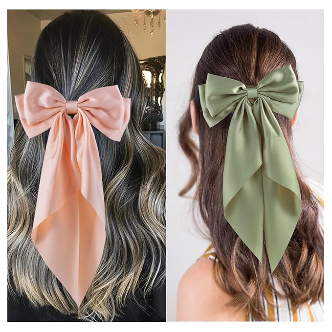 6Pcs Large Bows Hair Clips for Women Girls Long Tail Hair Ribbon Silky Satin Barrettes Coquette Bows Accessories (Beige/Yellow/Pink/Grey/Purple/Green)