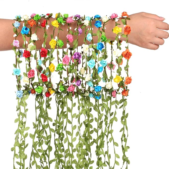 EBOOT 15 Pieces Assorted Colored Flower Crown Wreath Headband Garland Multicolor Headbands Floral Headpiece for Wedding Festival Vacation Fairy Party Photography Props
