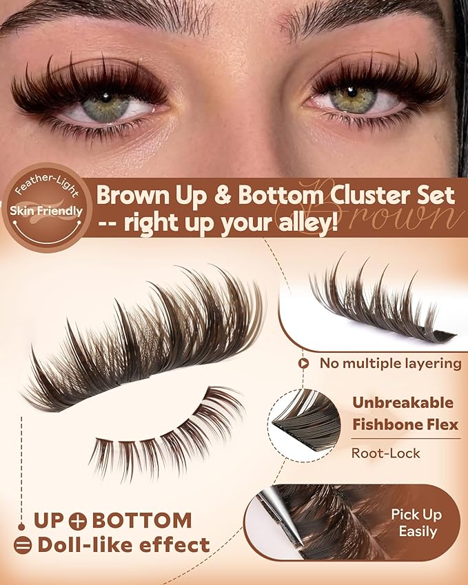 Brown Manga Lash Clusters With Spikes Wispy Cluster Eyelashes Extensions Fluffy Volume Anime Eyelash Clusters with Bottom Cluster Lashes Fairy Individual Lash Extension (D Curve 12-18mm 213 pieces)
