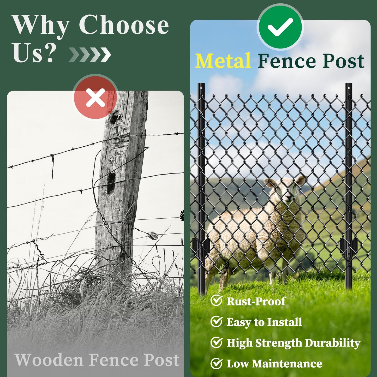 10 Pack Metal Fence Posts, 3ft Heavy Duty U-Post, Black Garden Stakes, No-Dig Post Anchors for Wire Fences, Temporary Fencing, Electric Fence, and Corner Support