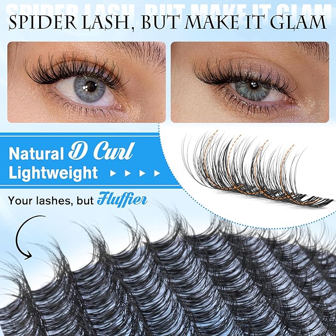 PHKERATA Spider Lash Clusters Natural Fluffy Eyelash Clusters, Wispy D Curl Cluster Eyelash Extensions with Invisible Clear Band, 12-16mm DIY Individual Lashes