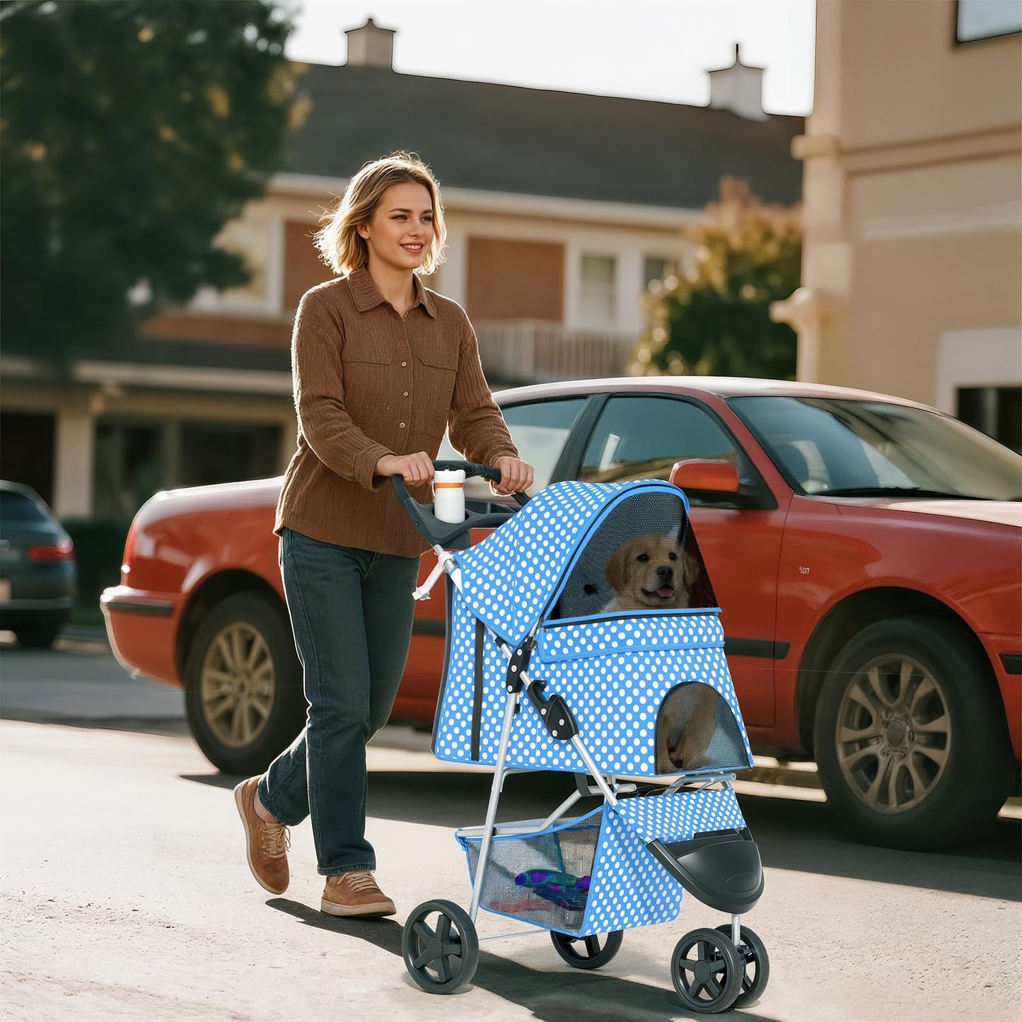Pet Stroller for Small Dogs 10 lbs, Dog Stroller for Medium Dogs 30 lbs, Cat Strollers for 2 Cats, 3 Wheels Foldable Jogger Puppy Stroller with Storage Basket and Cup Holder, Blue Polka Dots
