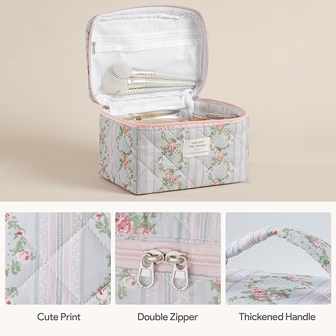 HBselect Quilted Makeup Bag, 3PCS Cotton Large Travel Makeup Bag, Cute Floral Coquette Make up Bag Cosmetic Bag Toiletry Bag for Women Girls