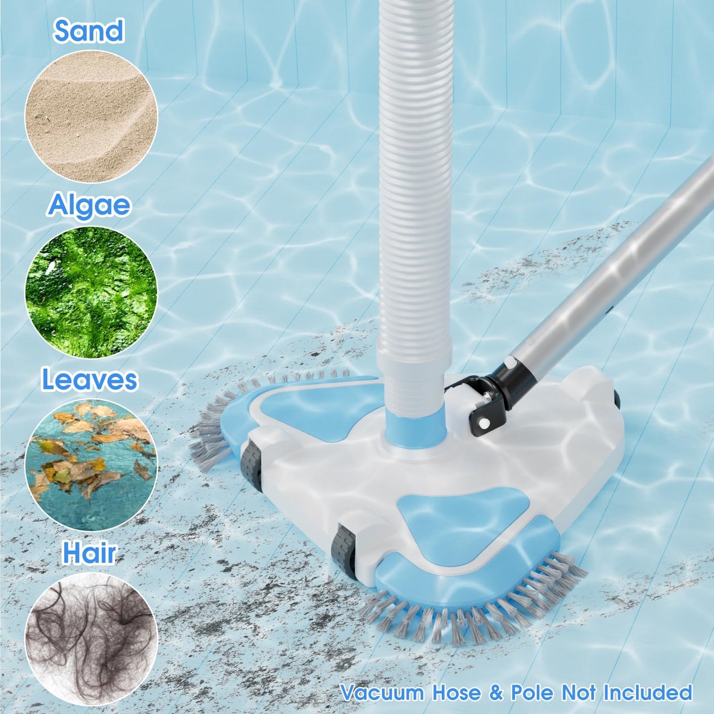2026 Enhanced TidyMister Pool Vacuum Head with Wheels,Steering Handle Swimming Pool Vac with Side Brush & Rotatable Hose Adapter(Safe for Vinyl Liner) for Inground & Above Ground Pools - Triangle