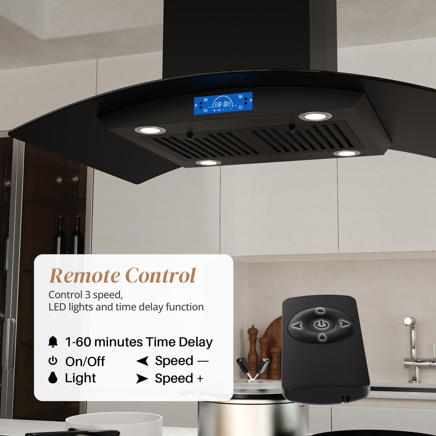 FIREGAS Black Island Range Hood 36 Inch, 700 CFM Ductless/Ducted Ceiling Mount Range Hood with 3 Speed Fan, Gesture, Remote & Touch Control, LED Light Vent Hood for Kitchen