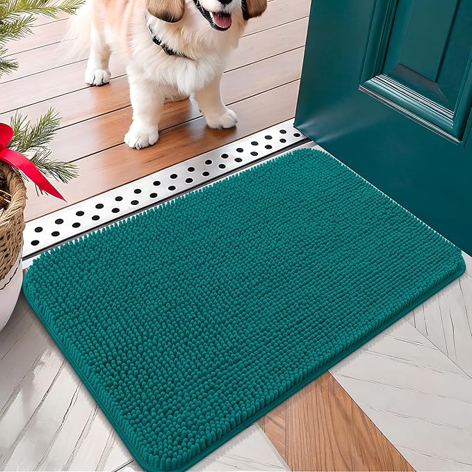 OLANLY Dog Door Mat for Muddy Paws 30x17, Absorbs Moisture and Dirt, Absorbent Non-Slip Washable Doormat, Quick Dry Chenille Mud Mat for Dogs, Entry Indoor Entryway Carpet for Inside Floor, Lake Blue