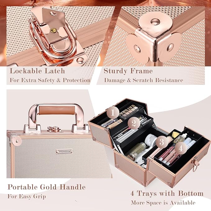 FRENESSA Makeup Train Case Makeup Case Travel Cosmetic Box Organizer Portable Make Up Box with Dividers Lockable for Artist Nail Sewing Vanity Storage Makeup Travel Case Rose Gold
