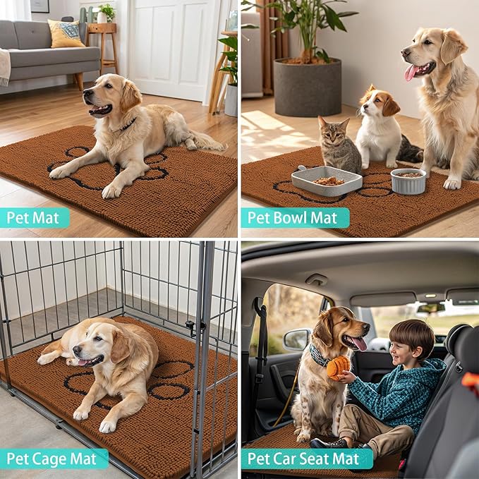 Smiry Dog Door Mat for Muddy Paws, Absorbent Dirt Trapper Non Slip Quick Dry Washable Chenille Mat for Mud Dogs, Entry Rug for Indoor and Outdoor (36x24 Inches, Ochre and Black)