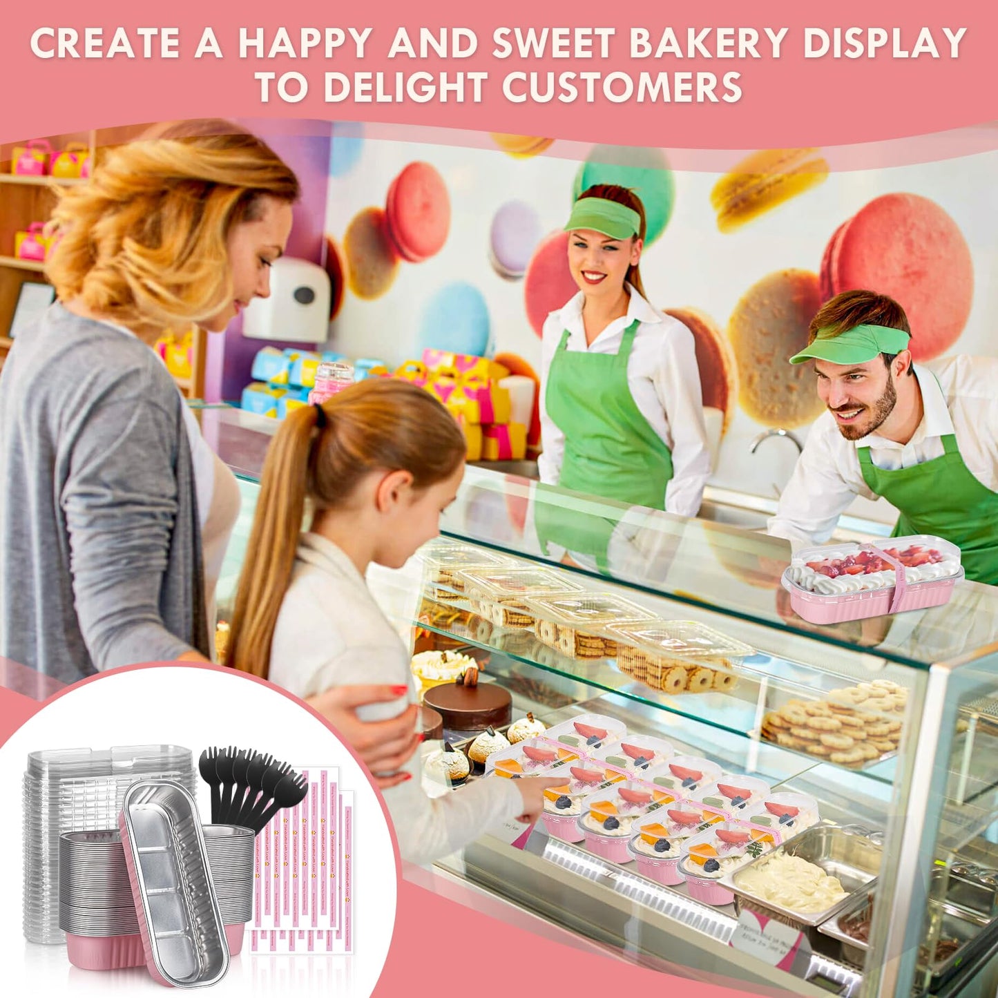YQER 100 Pack Mini Loaf Pans with Lids and Spoons Sealing Sticker, 6.8oz Mini Cake Pans for Baking, Disposable Aluminum Foil Loaf Pans, Pink Loaf Baking Pans, Small Cake Containers With Lids