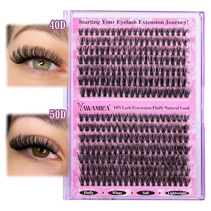 Yawamica Lash Clusters 40D+50D Fluffier Volume Individual Lashes Natural Lash Extension 10-16mm Wispy D Curly Eyelash Clusters 280pcs for DIY Lash at Home (Black)