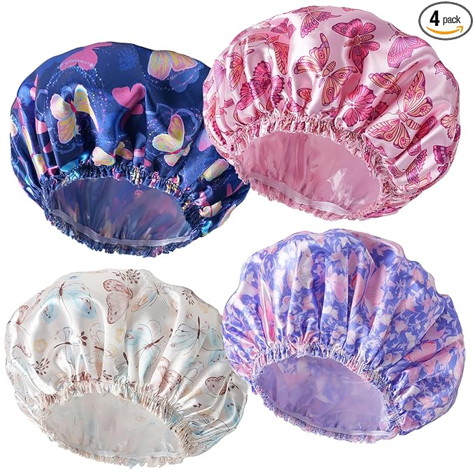 Shower Cap for Women,4 PCS Elastic and Reusable Bath Caps, Double Layers Shower Caps Reusable Waterproof, Bathing Shower Caps, Environmental Bath Hair Protection Cap - Butterfly E