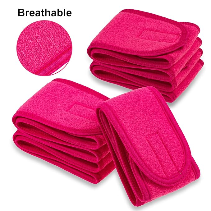 Whaline Spa Facial Headband 4 Packs Head Wrap Terry Cloth Headband Adjustable Stretch Towel for Bath, Makeup and Sport (Rose Red)