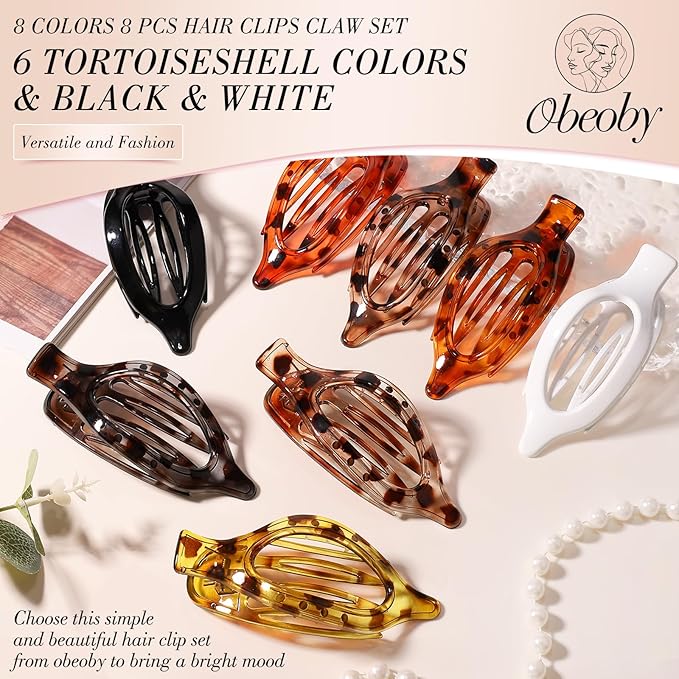 Obeoby 8 PCS Flat Hair Clips for Women, French Duckbill Flat Claw Clips for Thin Thick Hair Barrettes Accessories Medium Large (Tortoiseshell)