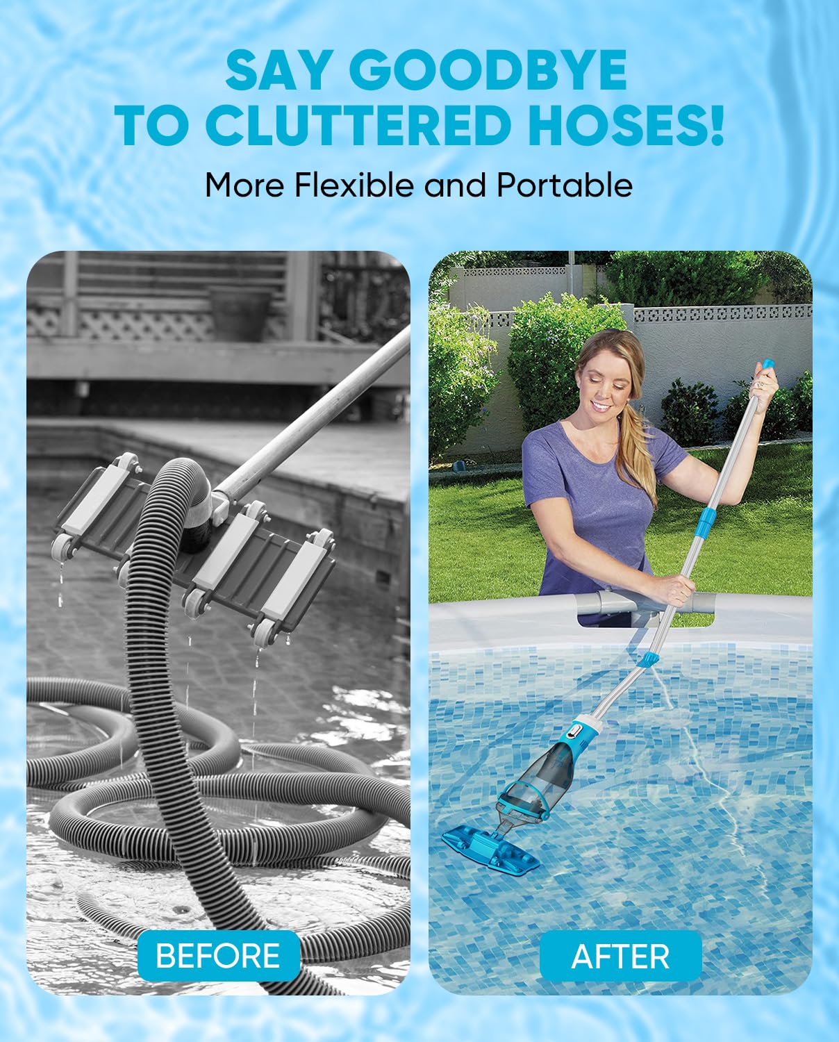 Cordless Pool Vacuum with Telescopic Pole, 18.5 GPM Powerful Suction, 1.5H Supercharge Technology, Handheld Pool Vacuum Cleaner for Above Ground/Inground Pools, Hot Tubs, Sky Blue