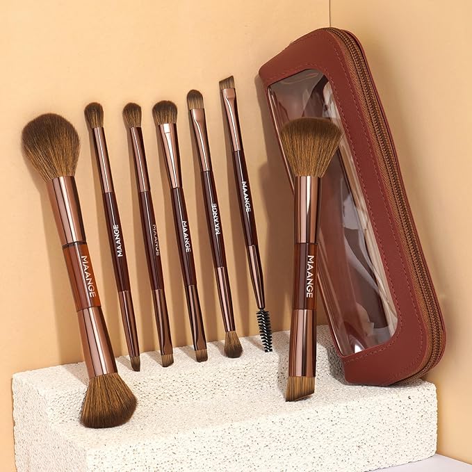 MAANGE 7 PCS Foundation Makeup Brush Set With Bag, Make up Brushes, Eyeshadow Concealer Brush, Double-ended Foundation Contour Powder Blush, Professional Face brush Set Tools For Liquid,Cream (Brown)