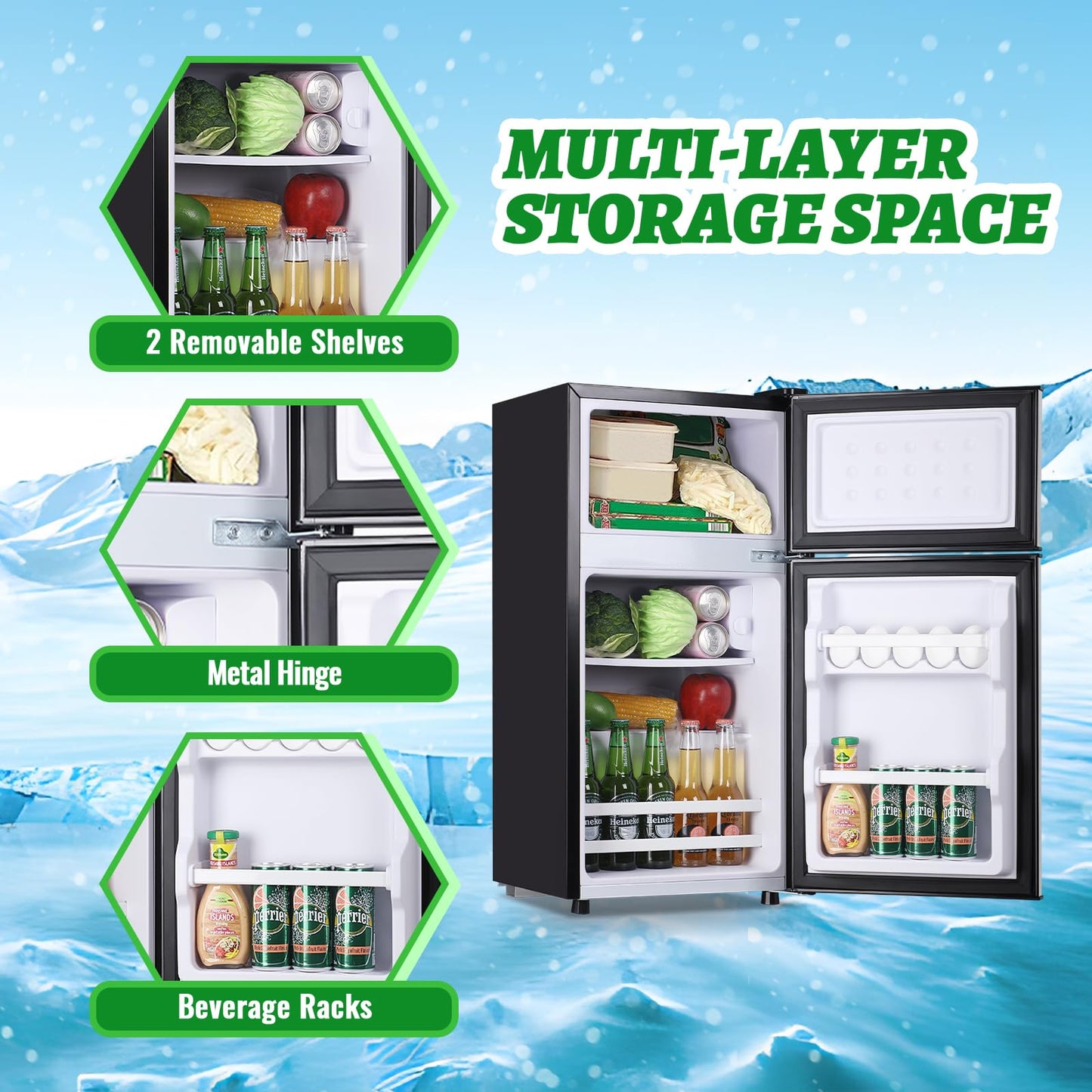 DEMULLER 2.4 Cu.ft Mini Fridge with Top Freezer Apartment Size Dual Door Compact Refrigerator for Personal Use Small Fridge with Egg tray, 7 Temperature Control For Dorm, Silver