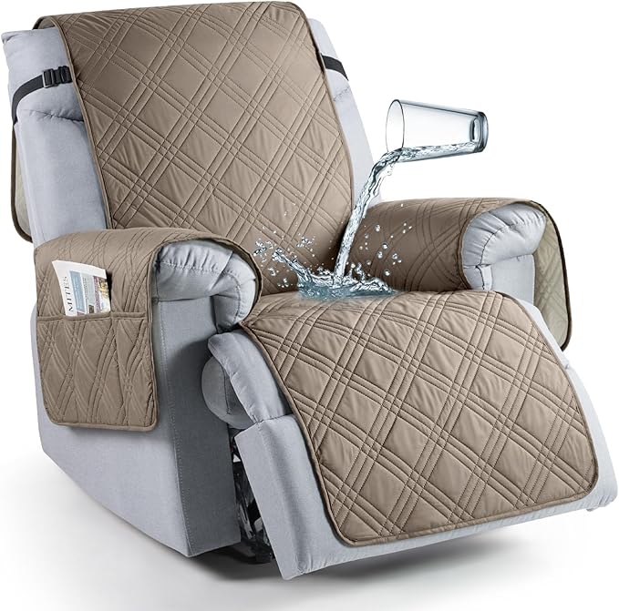 TAOCOCO 100% Waterproof Recliner Chair Covers, Non Slip Recliner Covers for Recliner Chair with Pocket, Washable Reclining Chair Cover Furniture Protector for Kids,Dogs(25'', Gray Taupe)