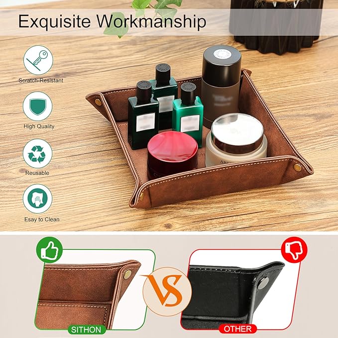 SITHON Valet Tray Desktop Storage Organizer Ã¢ÂÂ Premium PU Leather Catchall Bedside Vanity Tray Nightstand Caddy Holder for Keys, Phone, Wallet, Coin, Valentine's Day Gift, Brown