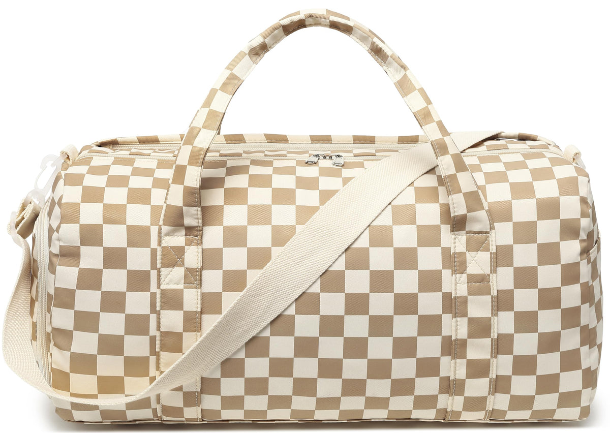 LEDAOU Duffle Bag Girls Kids Cute Dance Bag with Shoe Compartment Gym Bag with Wet Pocket Sports Overnight Travel Workout Bag (Checkered Brown-White)
