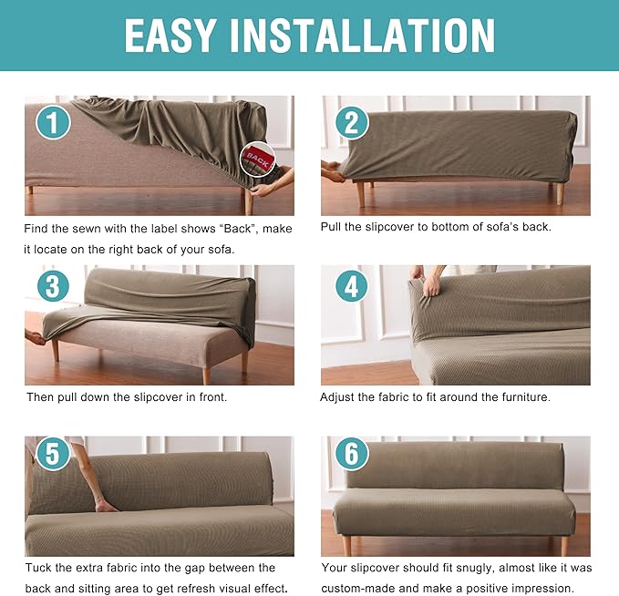 H.VERSAILTEX Armless Futon Cover Stretch Sofa Bed Slipcover Protector Elastic Feature Rich Textured High Spandex Small Checks Jacquard Fabric Futon Cover, Machine Washable, Macchiato