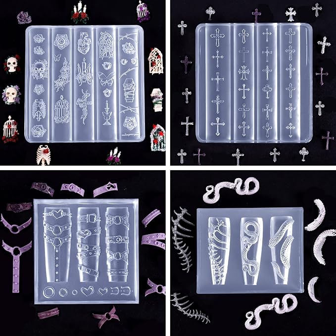 Laza 4pcs Gothic Silicone Nail Art Molds, 3D Rose, Snake, Bones, Cross, Collar, Skull Exquisite Silicone Nail Accessories with Carving Pen Resin Nail Art Mold Manicure Tools for DIY Salon Nail Design