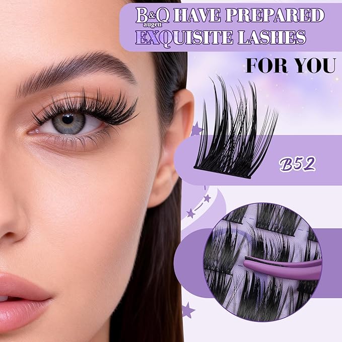 B&Q Wispy Lash Clusters Kit B52, DIY Lash Extension Kit 156PCS Eyelash Extension Kit, Soft Natural Lash Clusters 8-18MIX D Curl Lash cluster, Thin Black Band Cluster Eyelash Extensions (B52 Set)