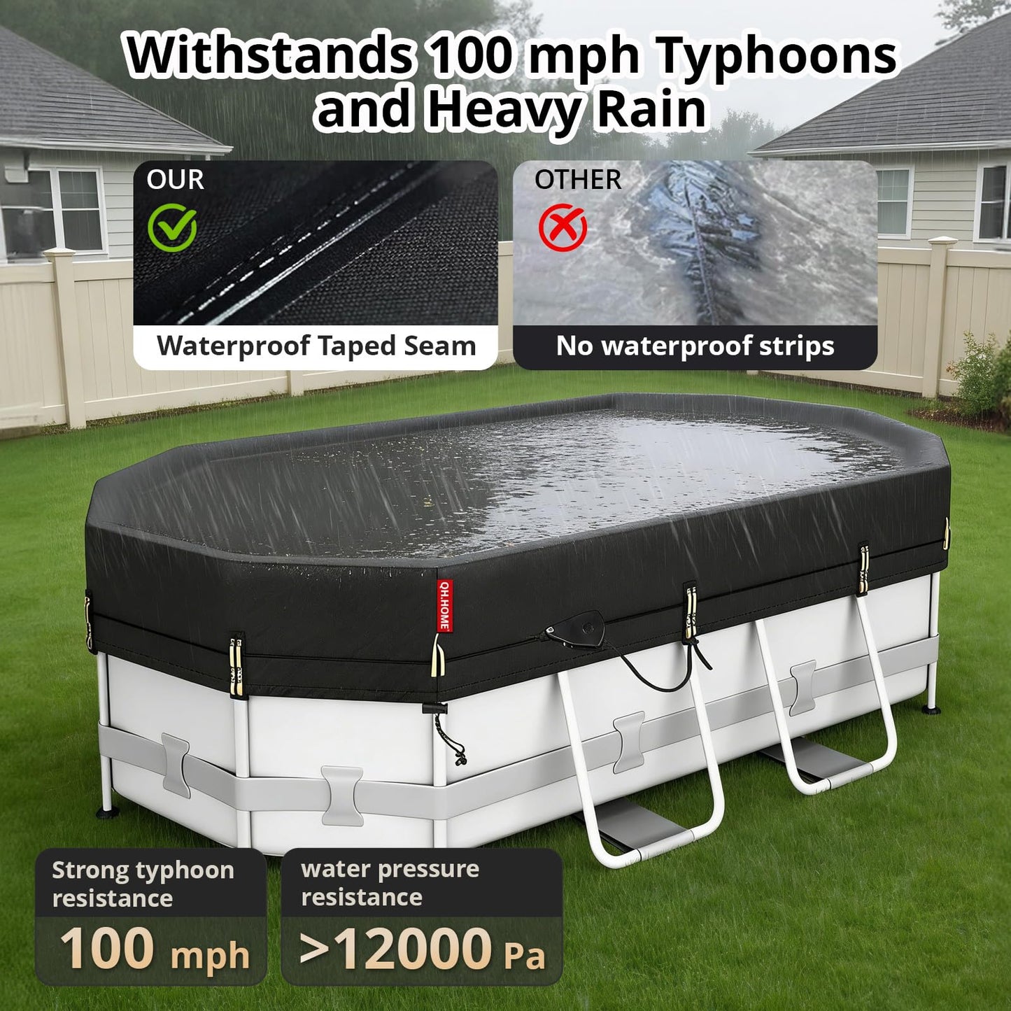 QH.HOME 8.2x14ft Oval Pool Cover,[Ultimate Windproof & Tear-Resistant Fabric],Snug Fit with Patented Ratchet & Weight Rings,Solar Pool Cover for Above Ground Pools, Blocks Leaves &Waterproof