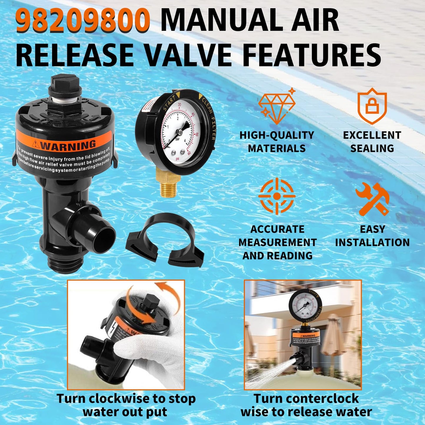 98209800 Manual Air Relief Valve Assembly with Pool Filter Pressure Gauge, Spa Pool Filter Pressure Valve Compatible with Pentair Air Relief Valve Fit for FNS, Clean and Clear, Quad De, 4000 Series