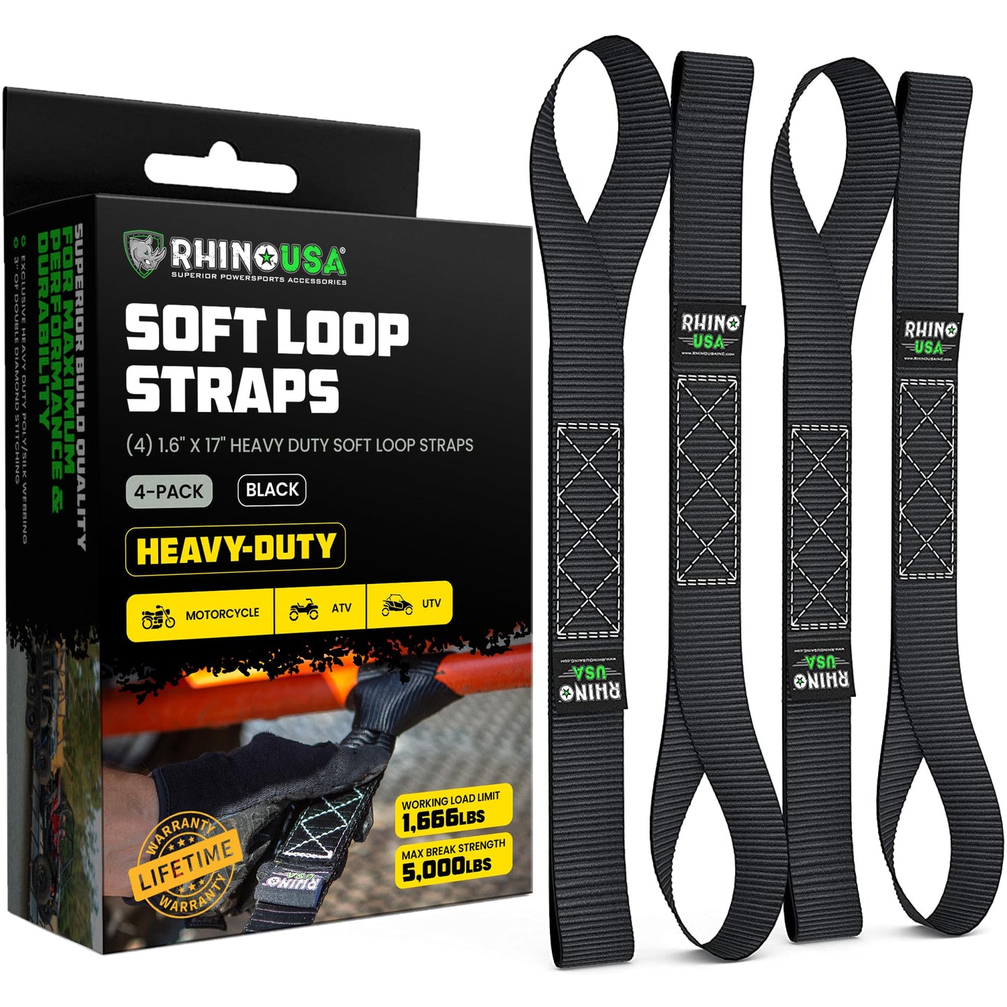 Rhino USA Soft Loop Tie Down Straps (4-Pack) - 1.6 Inch x 17 Inch (5,000 lbs Break Strength) Heavy Duty Motorcycle Handlebar Straps for use with Ratchets for ATV, UTV, Dirt Bike (Black)