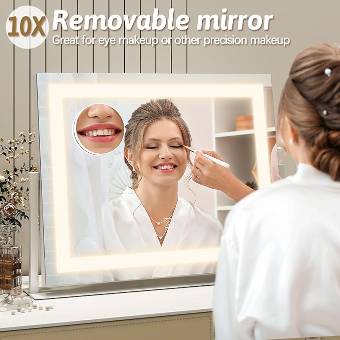 ROLOVE Vanity Mirror with Lights 22"x18", Lighted Makeup Mirror with 10X Magnification, Smart Touch 3 Colors Dimmable, 360° Rotation, Women Gift, Dresser Mount, Bathroom (White)