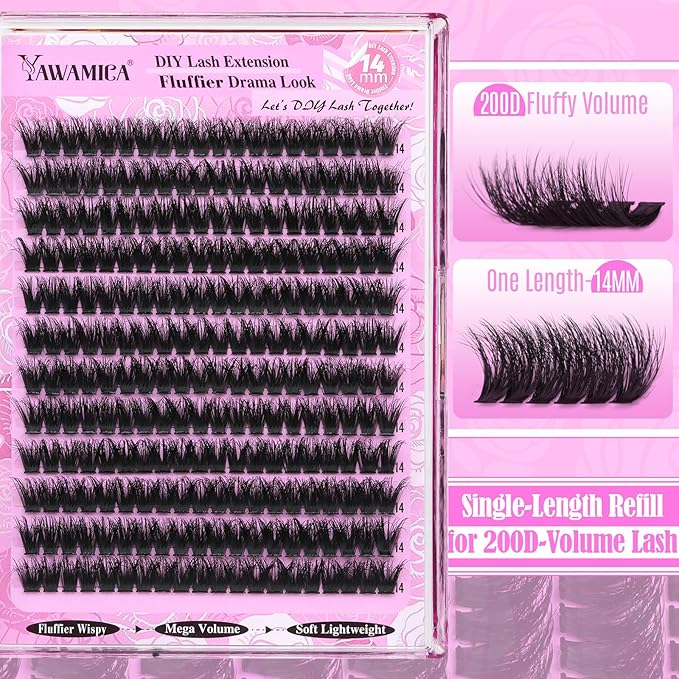 Yawamica 200D Volume Lash Clusters 14mm Eyelash Clusters Fluffy Wispy Cluster Eyelash Extensions D Curl DIY Individual Lashes Extension by Self (14mm Refill Pack)