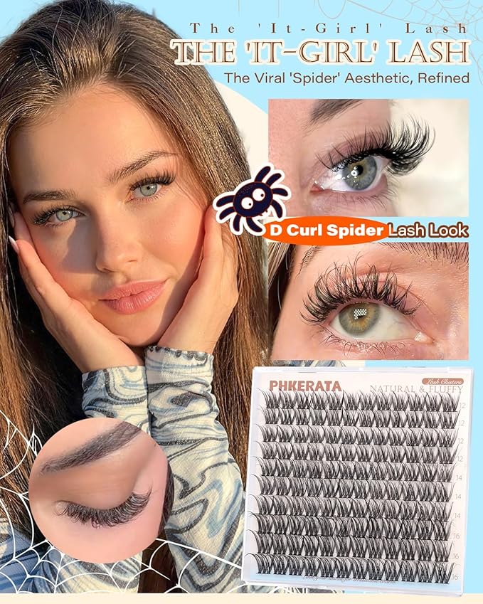 PHKERATA Spider Lash Clusters Natural Eyelash Clusters, Fluffy D Curl Cluster Eyelash Extensions, 12-14-16mm Wispy Individual Lashes with Soft Thin Band