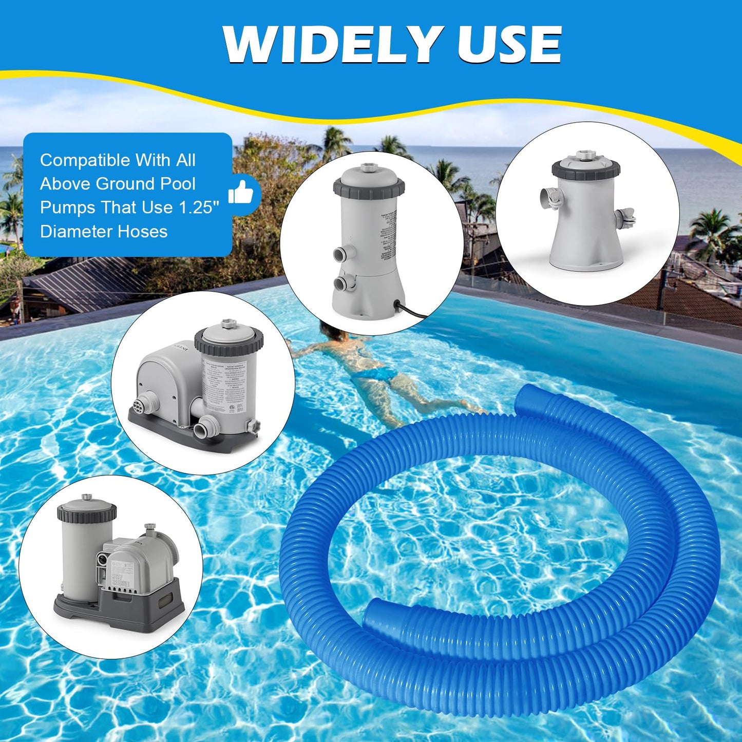 2 Pcs 1.25" Pool Hose, 59" Long Accessory Pool Pump Replacement Hoses, Compatible with All Above Ground Pool Filter Pumps that Use 1 1/4 Diameter Hoses