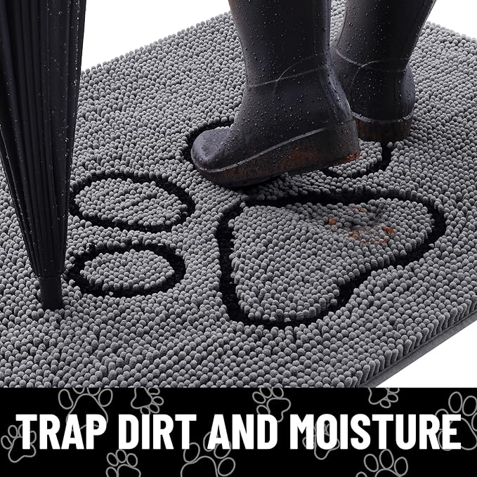 Smiry Dog Door Mat for Muddy Paws, Absorbent Dirt Trapper Non Slip Quick Dry Washable Chenille Mat for Mud Dogs, Entry Rug for Indoor and Outdoor (40x32 Inches, Dark Grey and Black)