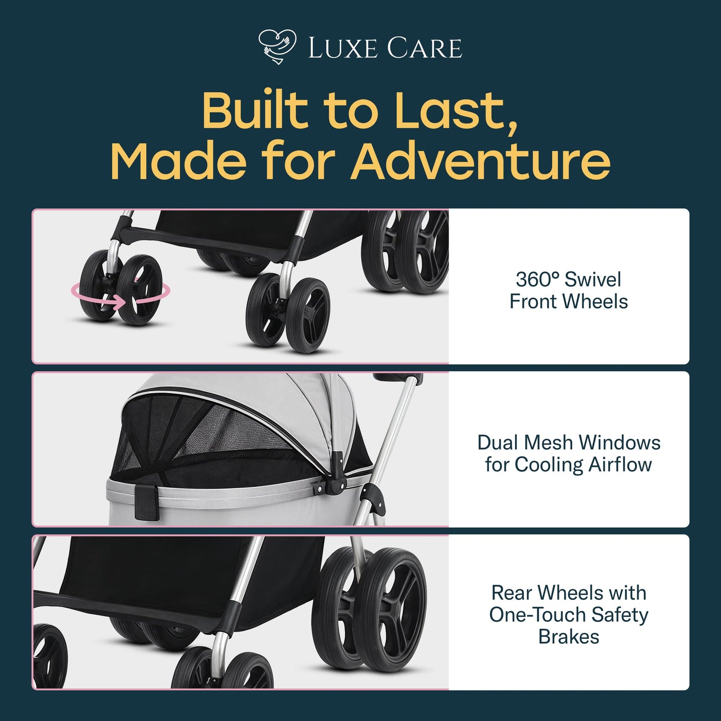 LUXE CARES 4 Wheel Foldable Pet Stroller - Lightweight Dogs and Cats Stroller Upto 50lbs with Mesh Canopy, Storage Basket and Cup Holder, Durable for Walks and Outings (Medium)