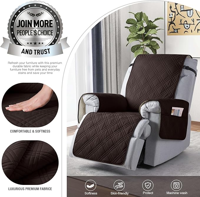 TAOCOCO 100% Waterproof Recliner Chair Cover Stay in Place, Recliner Covers for Small Recliner Chair with Pocket, Reclining Chair Cover Furniture Protector for Kids, Pets(X-Small Chair, Coffee)
