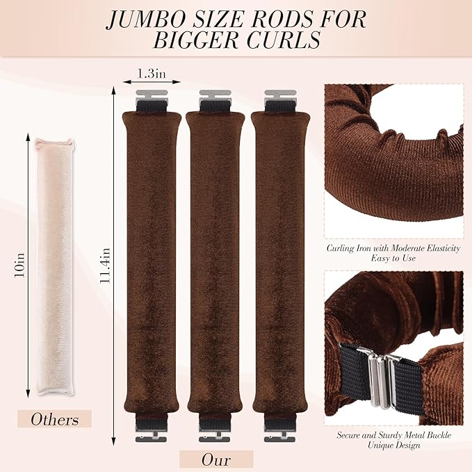 Heatless Curlers, Heatless Curls Overnight Set for Women, No Heat Hair Curlers to Sleep In, Jumbo Overnight Curls with Blowout Rods for Long Hair (Brown, 3 Pack Curling Rod with 1 Scarf)