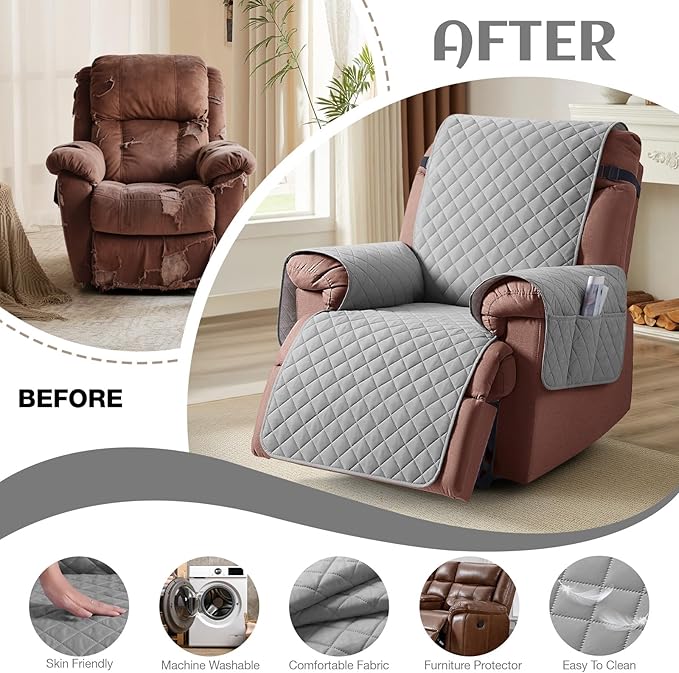 KinCam 100% Waterproof Recliner Chair Cover, Reclining Couch Covers for Pets, Dogs, Recliner Couch Slipcover Furniture Protector with Elastic Straps for Kids(23.6", Light Gray)