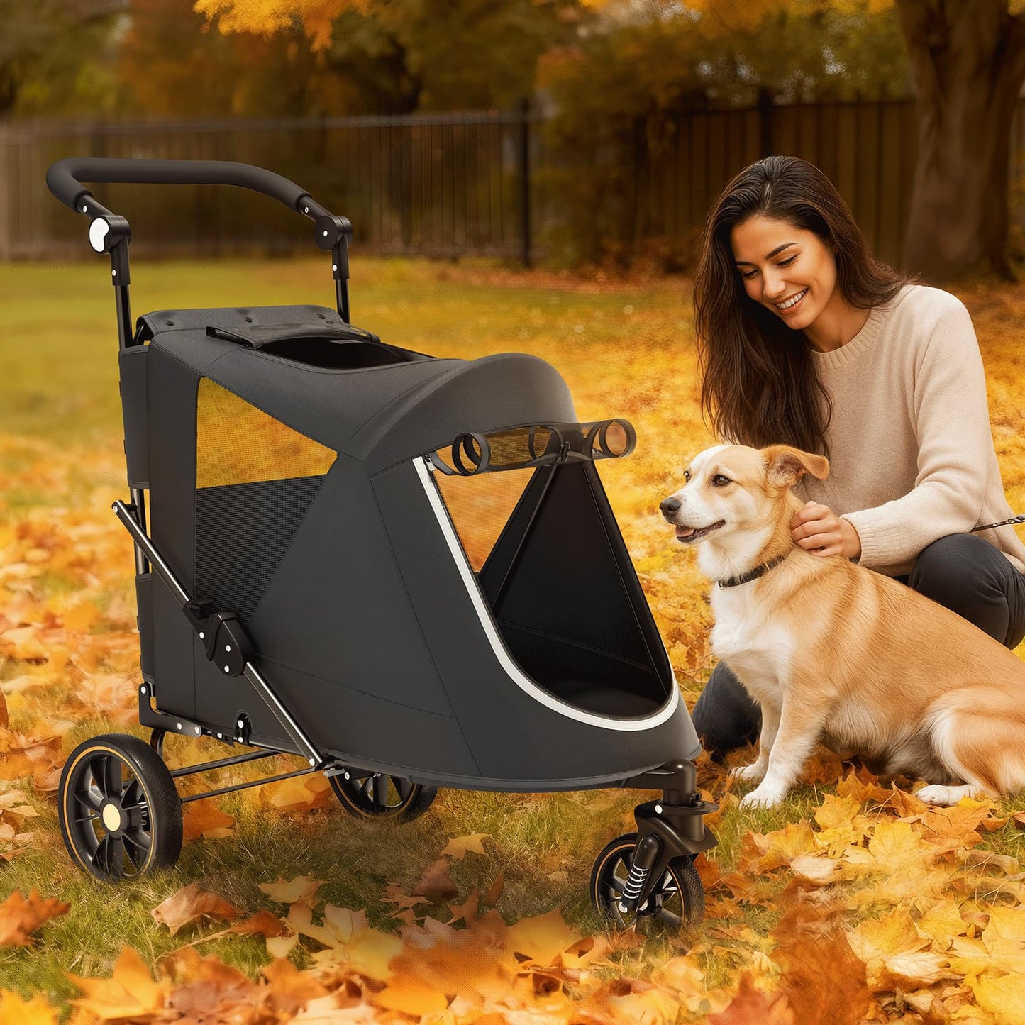Magshion Pet Stroller for Medium Dogs w/Adjustable Handle, 3-Wheel Dog Cat Wagon w/Dual Entry, Rear Storage, Breathable Mesh, One-Foot Brake, Ideal for Large Pets up to 55 lbs, Black