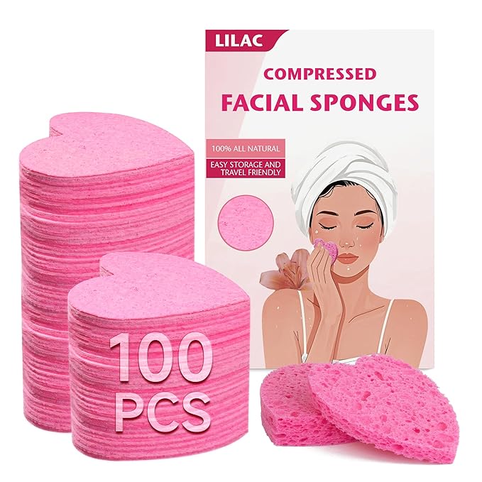 100 Count Compressed Pink Heart Facial Sponges 100% Natural Cellulose Eco-Friendly Makeup Sponges for Gentle Cleansing, Exfoliating & Stubborn Makeup Removal Travel & Home Beauty Essentials for Women