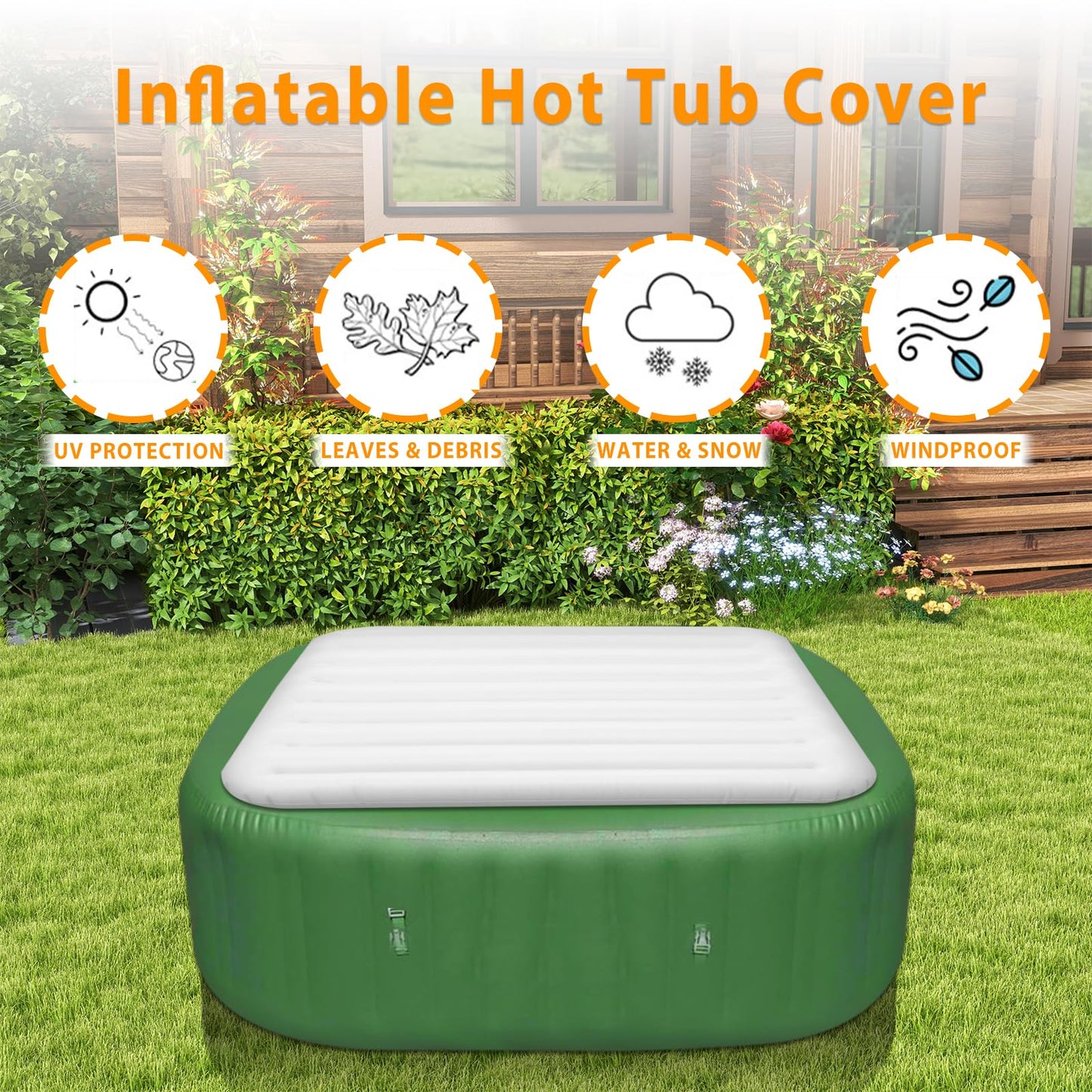 Ketofa Inflatable Hot Tub Cover for Square Hot Tub Spa Cushion Support, Universal 57x57in Inflatable Cover Square Top Lid, Dustproof Rainproof Insulated Energy Saving Lid，Spa Covers for Hot Tub