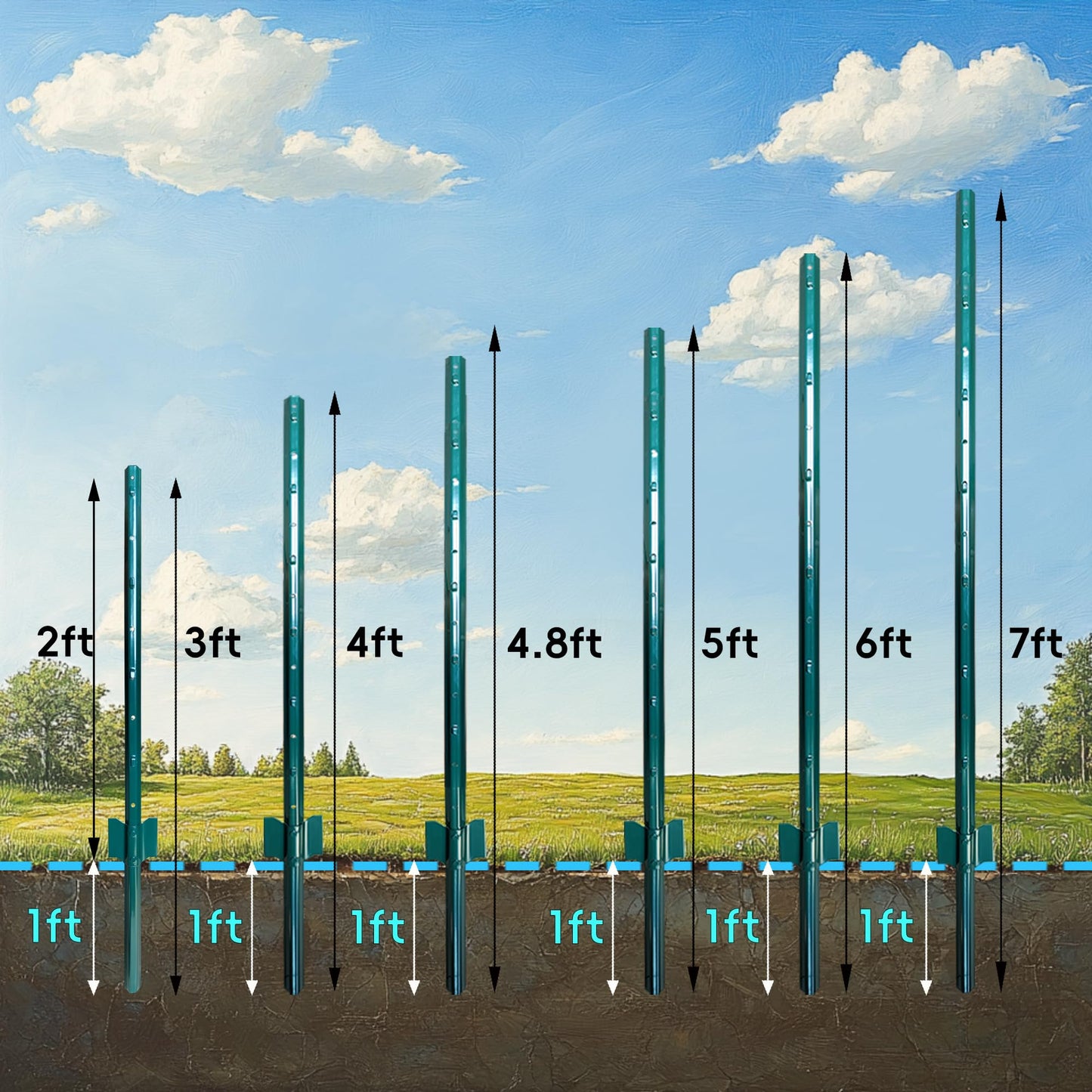 ARIFARO Fence Posts 3 Feet Sturdy Duty Metal Fence Post, Pack of 10, No Dig Garden U Post for Wire Fencing Steel Post for Yard, Outdoor Wire