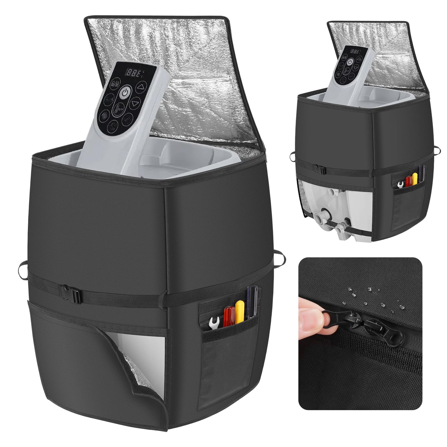 Hot Tub Spa Heater Pump Cover,Waterproof 600D Oxford Fabric Aluminum Film Insulated Cover,Inflatable Hot Tub Spa Heater Pump,Easy Installation with Zipper and Adhesive Straps,Black,Square