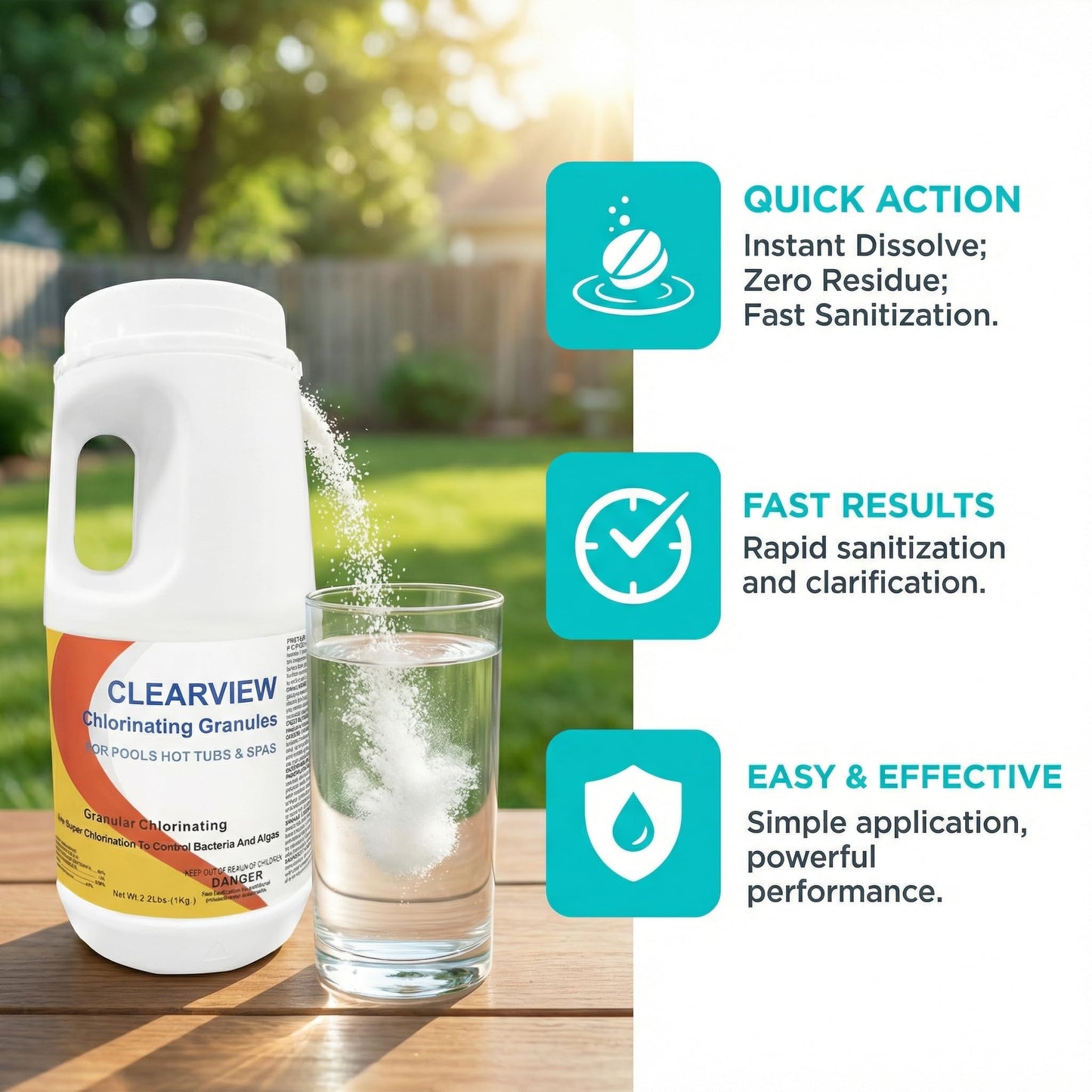 ClearView Chlorine Granules 2.2 Lbs for Swimming Pools, Pool Chlorine Shock Granular Sanitizer for Spas, Fast Dissolving Chlorinating Granules for Hot Tubs