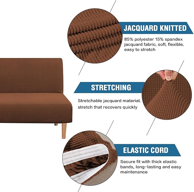 H.VERSAILTEX Armless Futon Cover Stretch Sofa Bed Slipcover Protector Elastic Feature Rich Textured High Spandex Small Checks Jacquard Fabric Futon Cover, Machine Washable, Caramel