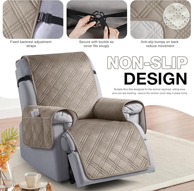 TAOCOCO 100% Waterproof Recliner Chair Cover, Recliner Covers for Recliner Chair with Pocket, Non Slip Reclining Chair Cover Furniture Protector for Kids, Pets(30'', Light Taupe-Velvet)